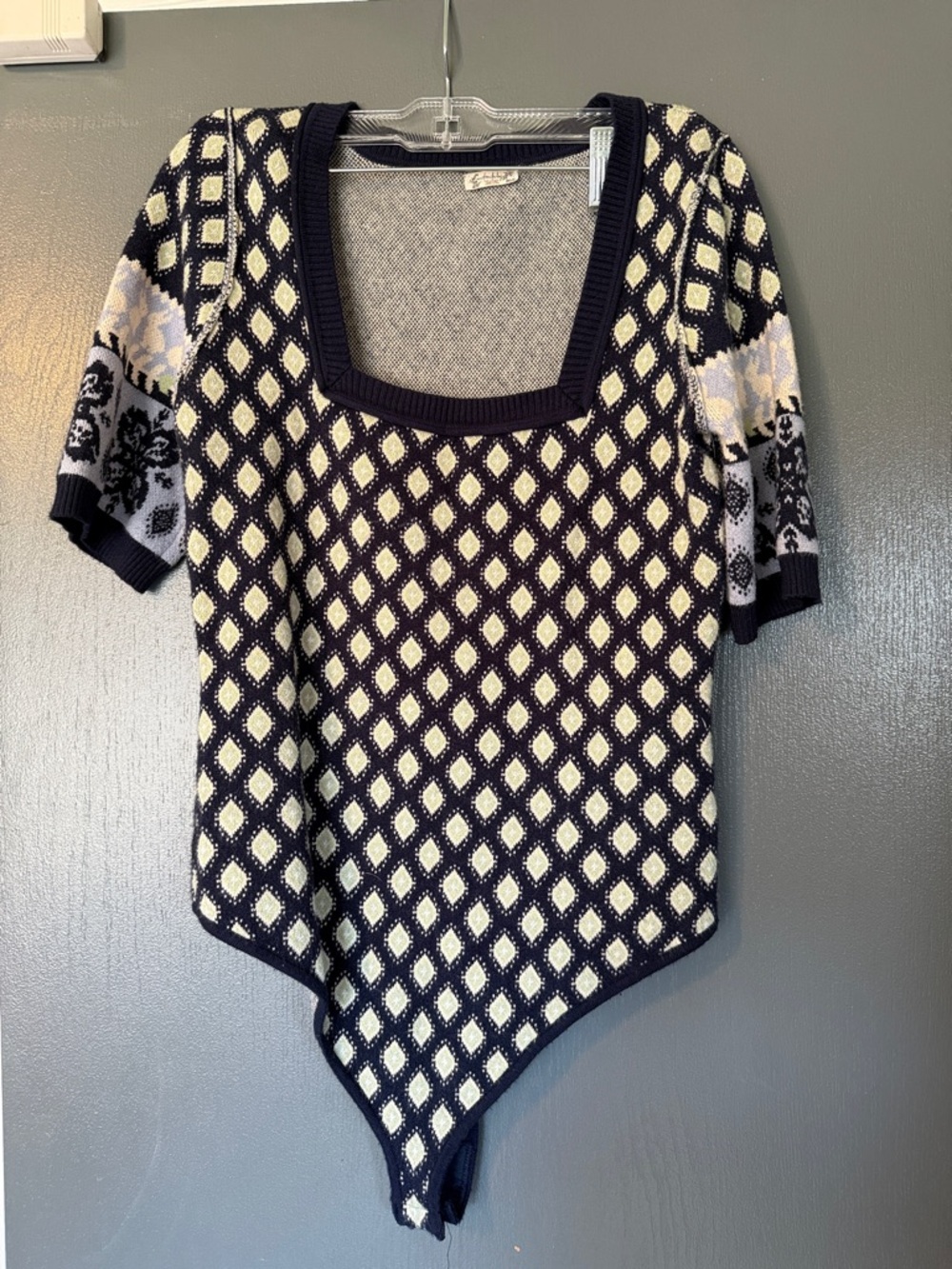 Free People Navy and Cream Textured Knit Top